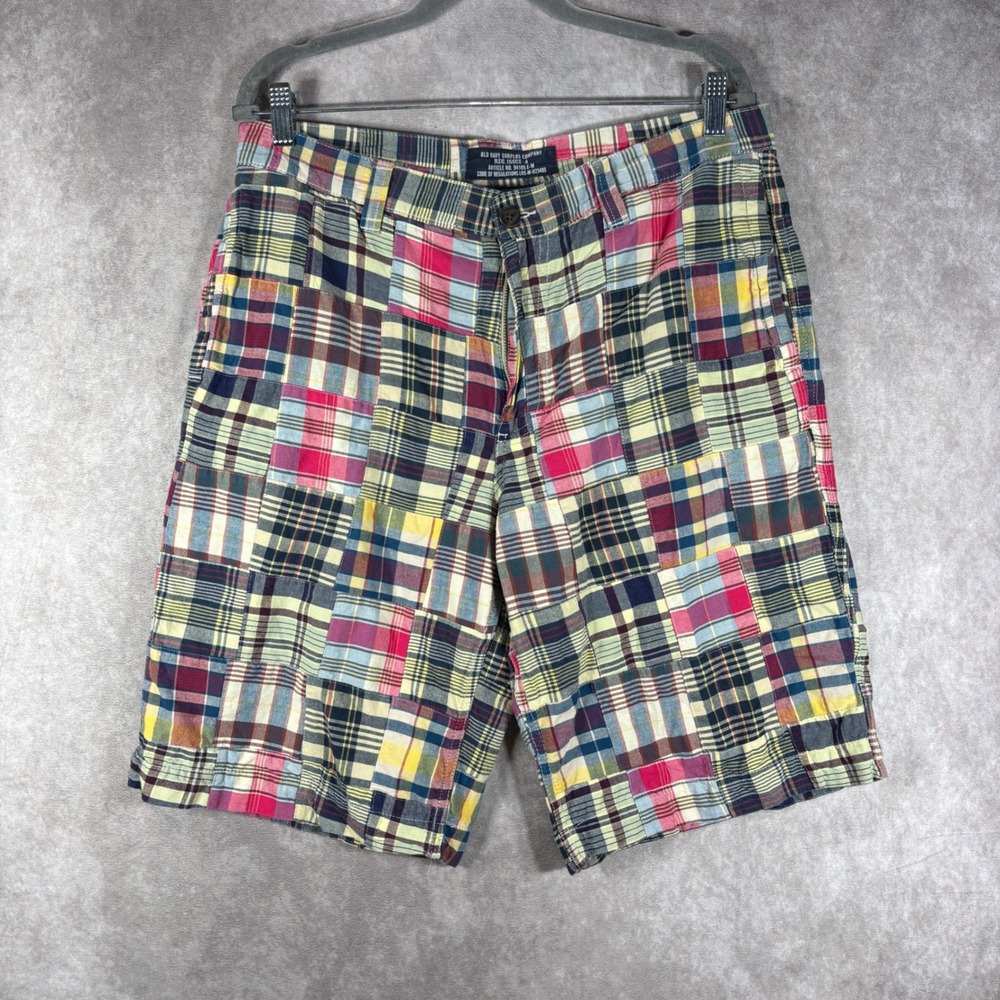 Old Navy Surplus Madras Plaid Shorts Mens 34 Multicolor Patchwork Cotton Casual